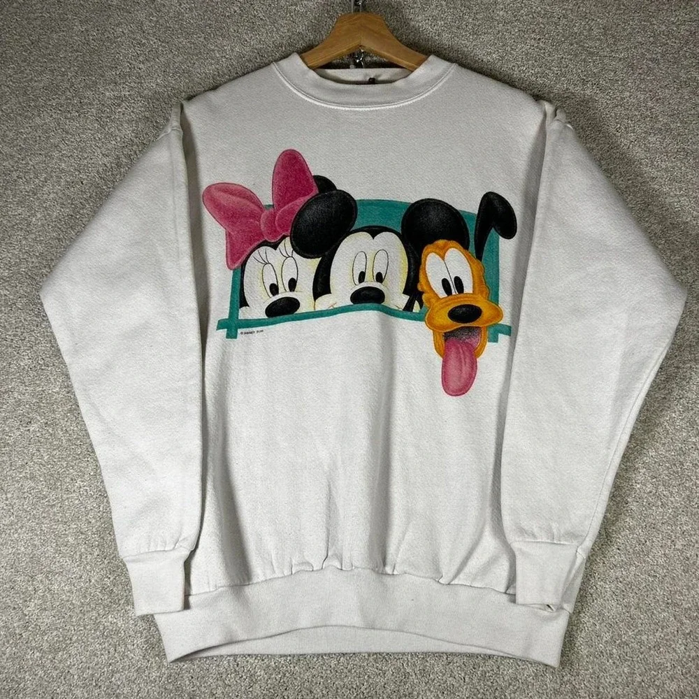 Vintage 90s Disney Mickey Mouse Minnie Pluto white graphic crewneck sweatshirt M